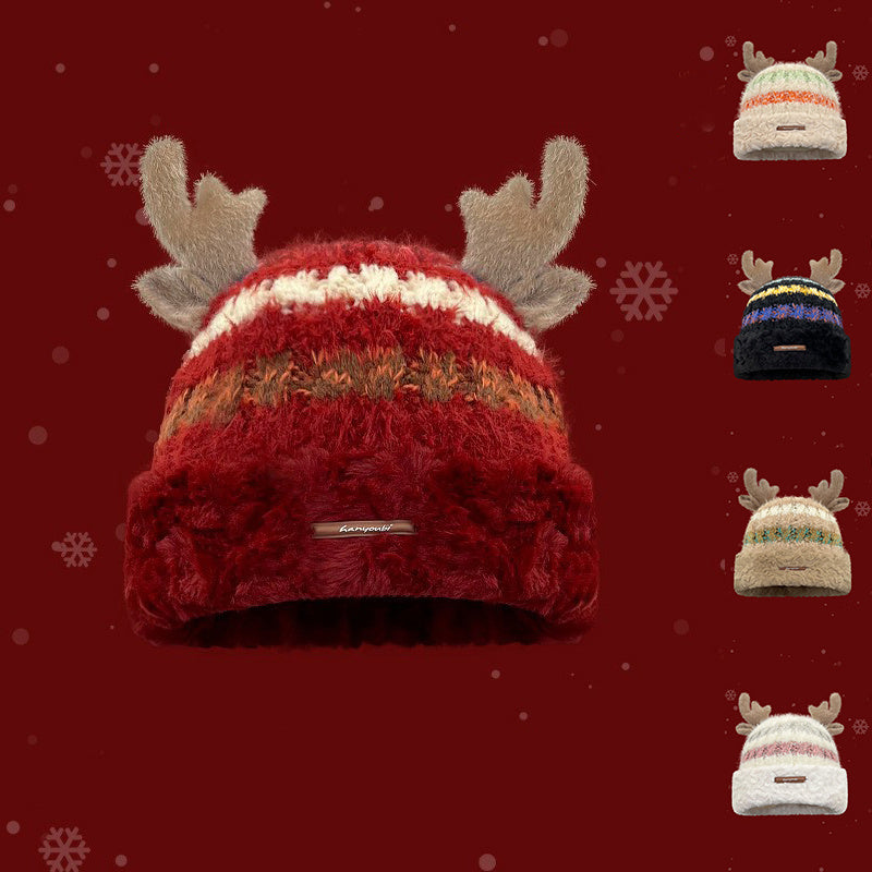 Christmas Knitted Hat with Deer Antlers