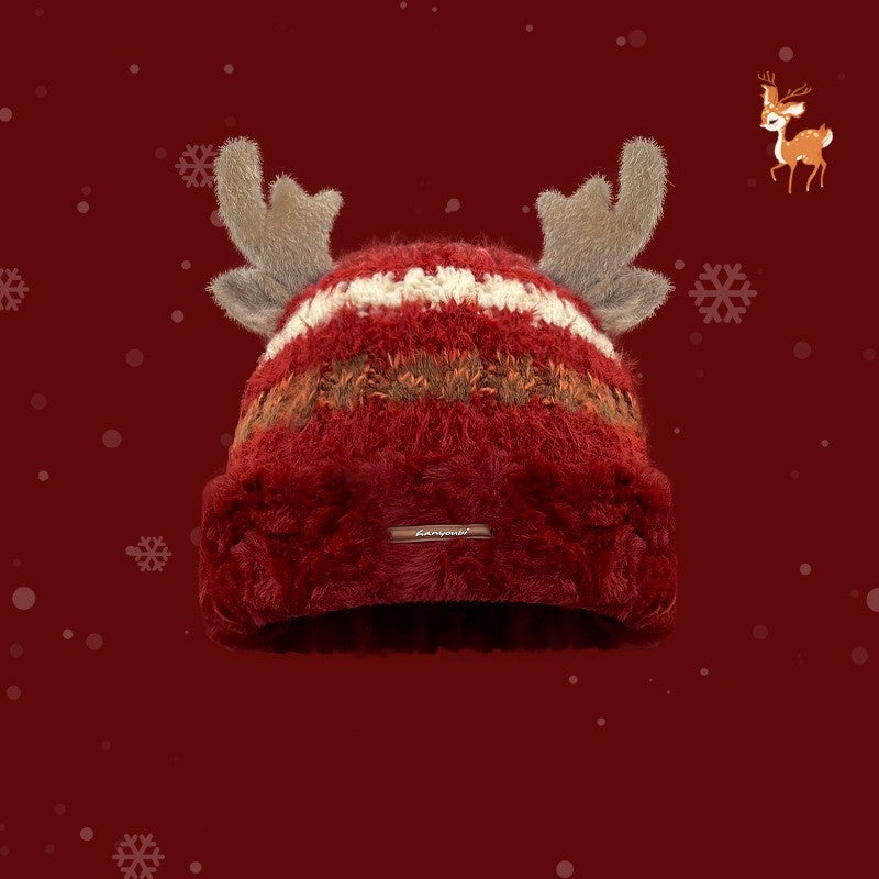 Christmas Knitted Hat with Deer Antlers